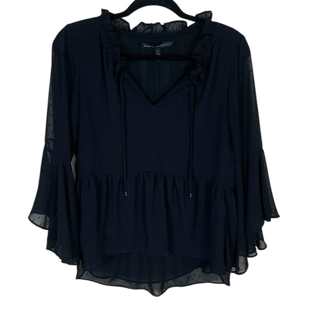 WHBM Black Swiss Dot Bell Sleeve Layered Peplum Peasant Top Size 2 Boho